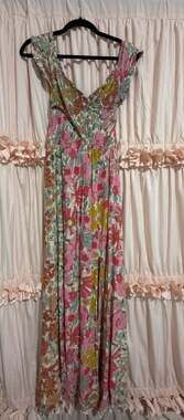 Aakaa Women's Floral Print Smocked Bodice Maxi Dress with Side Slit